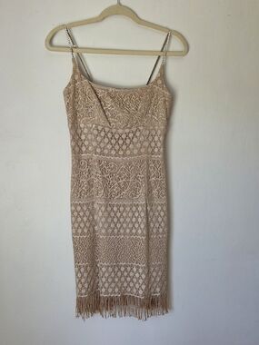 Bari Jay Crochet Fringe Elegant Midi Slip Dress in Beige Sz 7-8